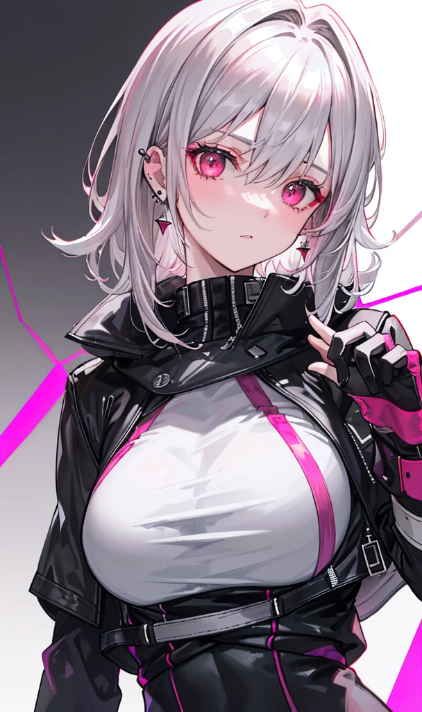 （tmasterpiece，Sideslit，Beautiful eyes：1.2），（tmasterpiece*sportrait），sportrait，busts，（busts），Lifelike，Anatomical correct，3D脸，luscious skin，（Solo），silver deep gray hair and pickaxe кирка dyeing，Gradient hair，（closeup of face），Lovely face，（dusty rose opal-like eyes），Hanging eye corners，（（highdetailskin，Visible pores）），（Perfect body），Beautiful cyberpunk girl，medium breast，（（Women's extra short shawl leather jacket）），（school_uniform），（ear studs），（Neck strap），very short gloves，（chain），（(Laser material clothing：1.2))
(((Outfit:Black, white, red,  rose colours in 3 undertones: dusty/ashy/silver dualchrome
Diamonds, leather, high detailed, high resolution)))
(((High quality designed outfit )))
(((Gray and silver hair)))(((gray hairstyle))), (((dusty rose eye)