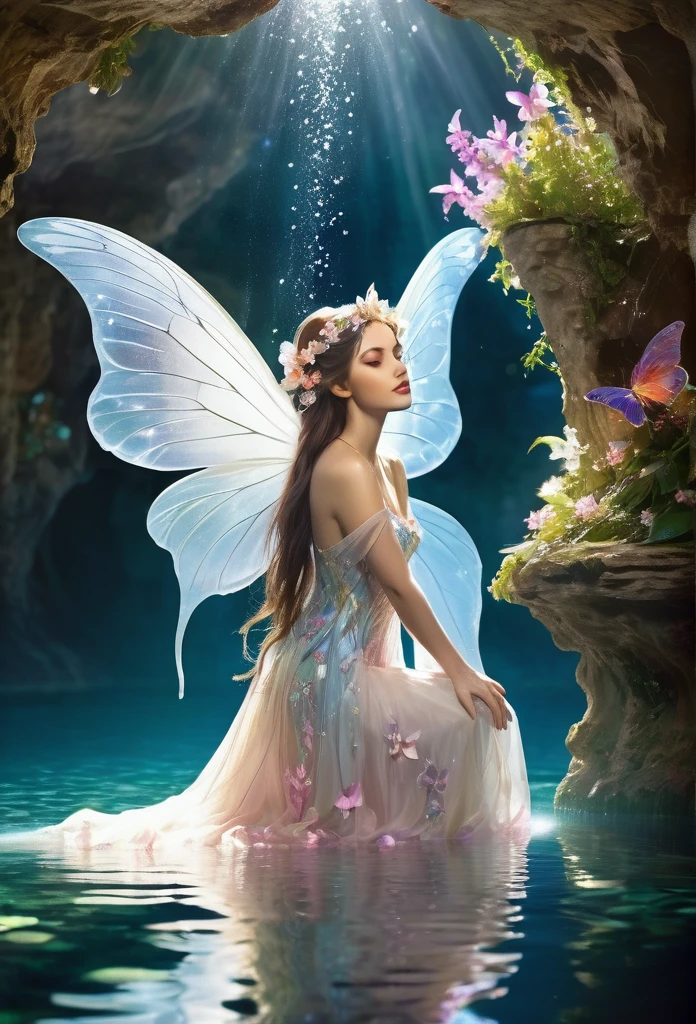 fairy,in a grotto ,gracefully kneeling looking her reflex in the water,clear cristal water, sparkling flowers,translucent wings,hair and dress adorned with flowers,long hair,cascade of butterflies ,magic background,high quality,art concept ,refined details