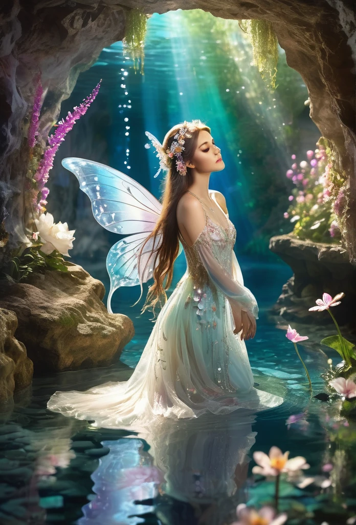 fairy,in a grotto ,gracefully kneeling looking her reflex in the water,clear cristal water, sparkling flowers,translucent wings,hair and dress adorned with flowers,long hair,cascade of butterflies ,magic background,high quality,art concept ,refined details