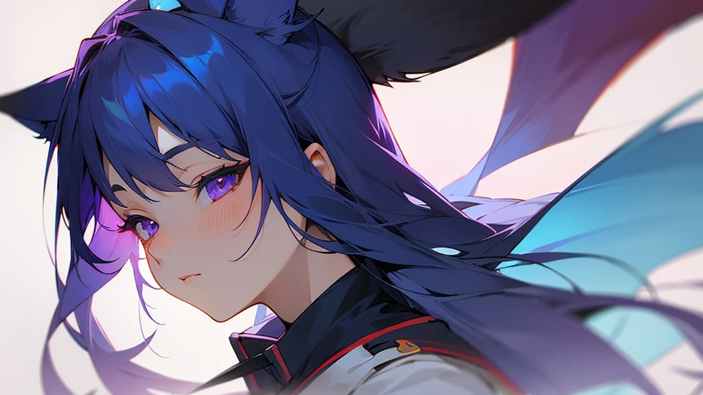 Female kitsune, long dark blue hair, purple eyes, fox ears downcast, gentle look, portrait, school clothes