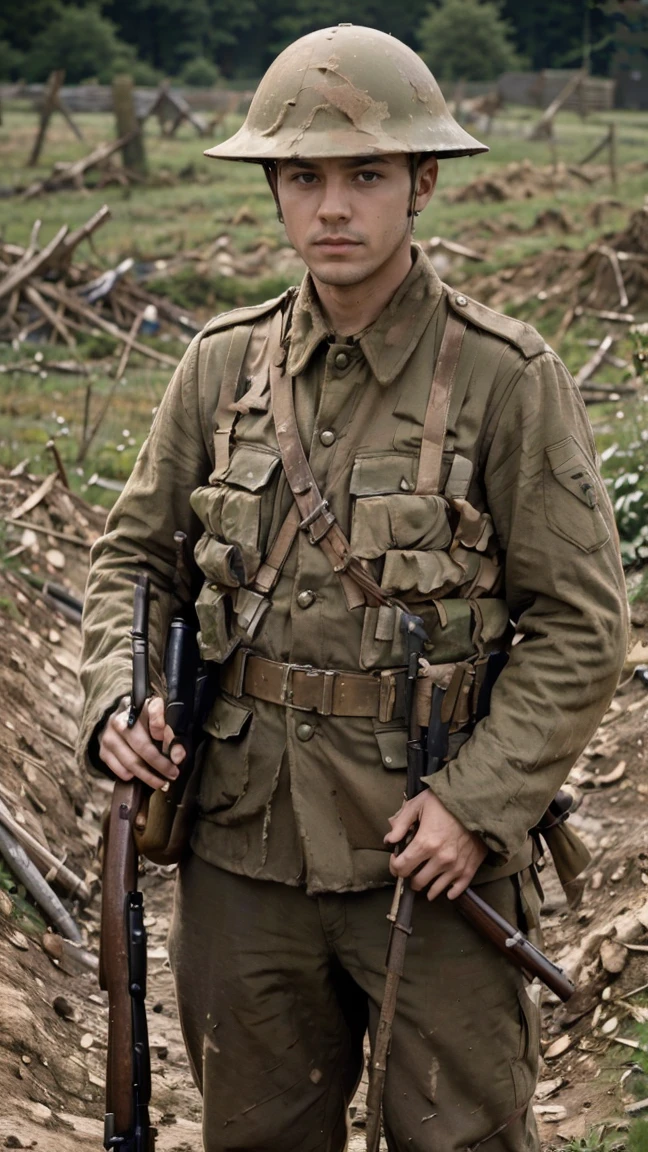 (masterpiece), best quality, expressive eyes, perfect face, All quiet on western Front, man, trenches, dirty, uniform, realistic, HD, Rifle, aiming rifle