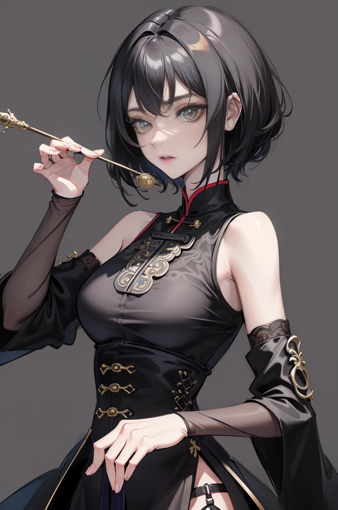 Masterpiece, Best quality, 1 Female, Mature Woman, Elder Sister, Royal Sister, Cold Face, strong, green eyes, wolfcut short hair, smoky mix black color hair, resolute eyes, simple black Taoist Taoist uniform, black accessories, one shoulderancient, Chinese mix morden, wear hair brooches, frontal photo, blank background, remove background