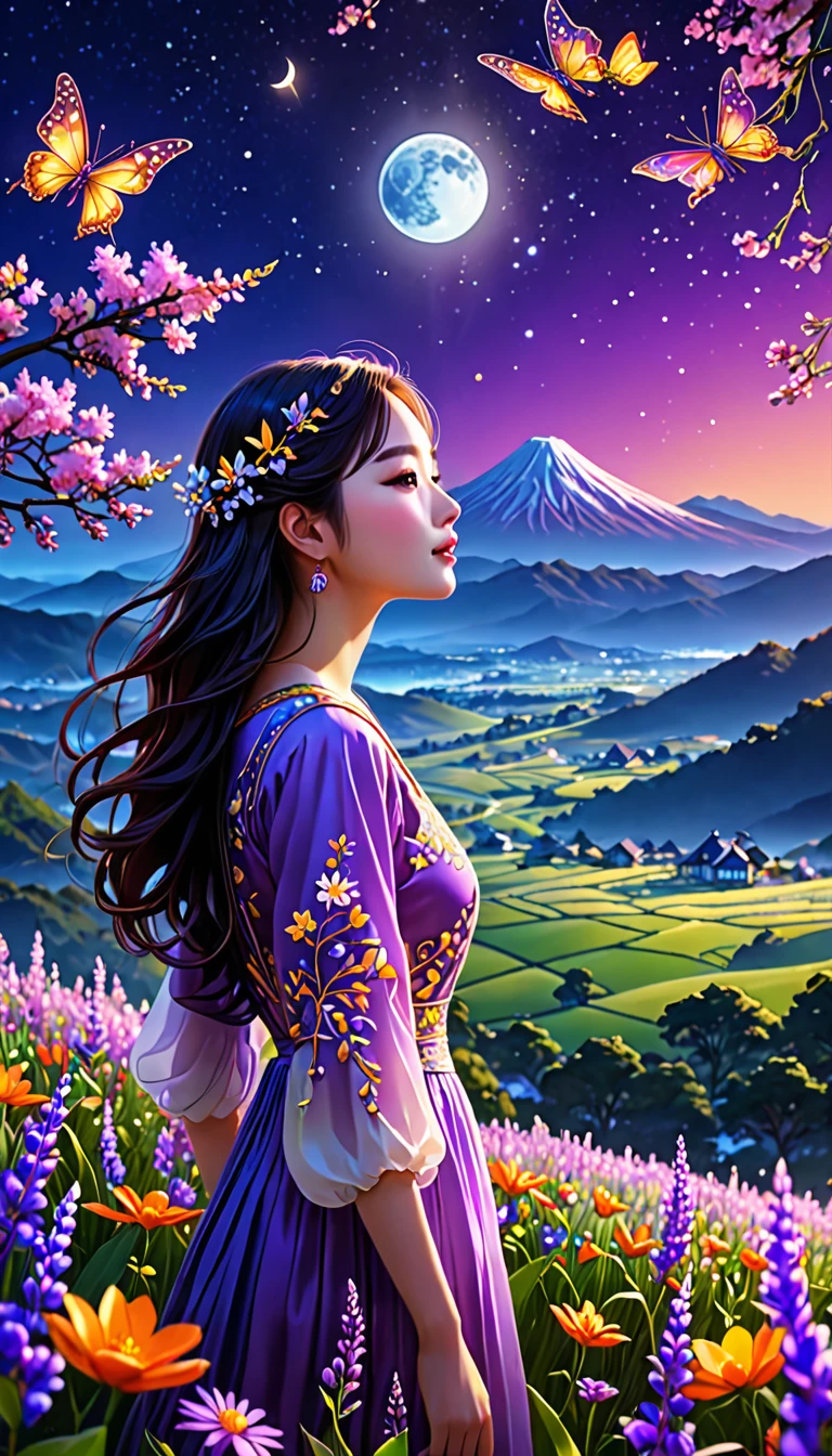 Vast landscape photos、(look from down,The sky is rising、The field is down)、Girl standing in a flower garden and looking up、(moon full:1.2)、(meteors:0.9)、(Starcloud:1.3)、mountain in the distance、The tree BREAK Craft Art、(Warm light:1.2)、(glowworm:1.2)、A light、salama、butterflys、lots of purples and oranges、intricately details、voluminous lighting、Realism BREAK(master piece: 1.2), (Top image quality), 8K, The ultra-detailliert, (dynamic compositions: 1.4), The is very detailed, Colorful detailed, (Irridescent color: 1.2), (luminouslighting, Ambiance Lighting), Dream-like, Magical