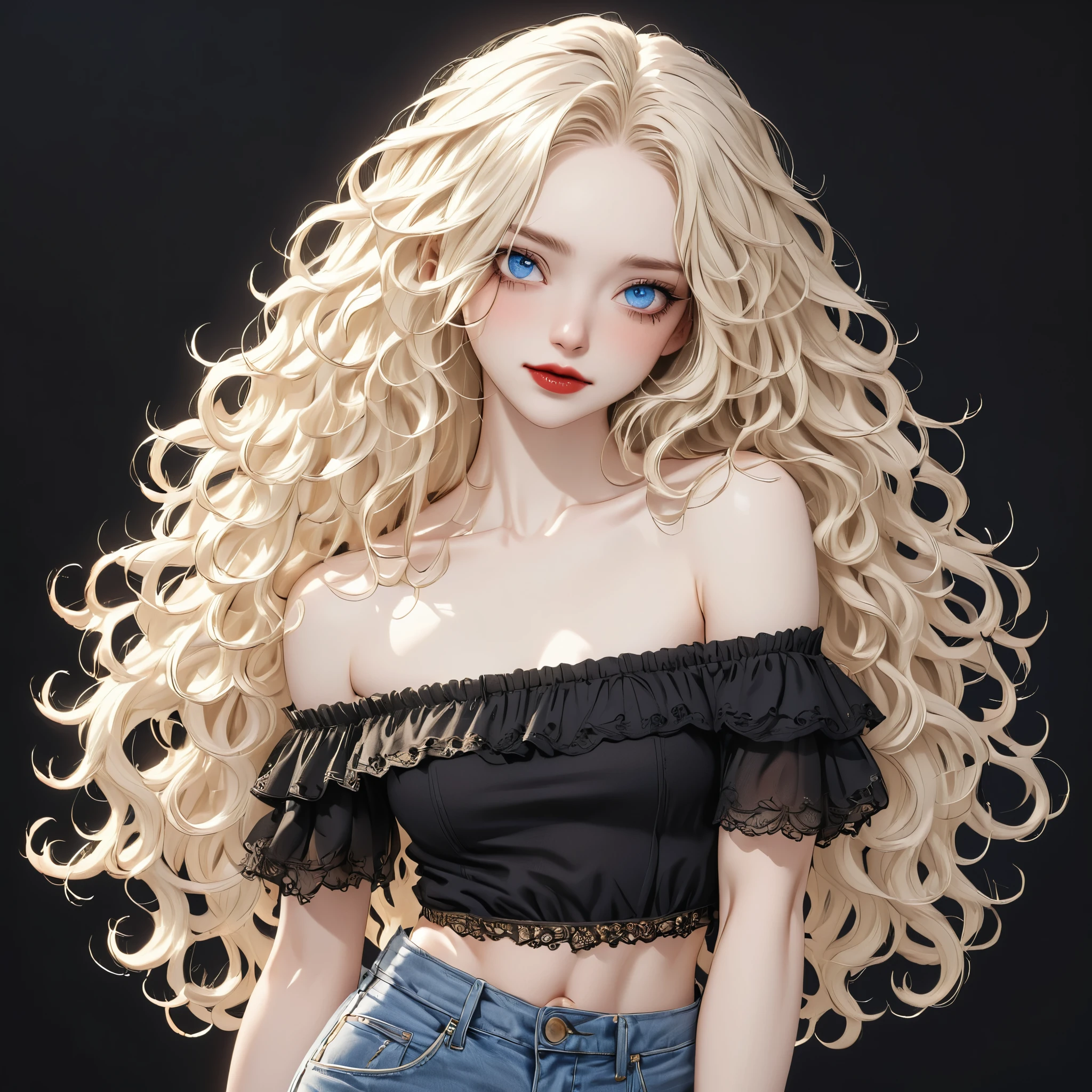 (young, woman, pale skin, blue eyes:1.3), long blonde curly hair, (muscular body, small breasts:1.1), (red lipstick, black eye makeup:0.8), (sheer off-Shoulder, white sheer belly top, tight waist high jeans:0.9), golden bracelet, ashamed, toothy smilie, standing, (looking back over shoulder:1.8), (full body view:1.9), (black background:1.4), detailed skin texture, 24k resolution, highly detailed, (natural front light:0.6)