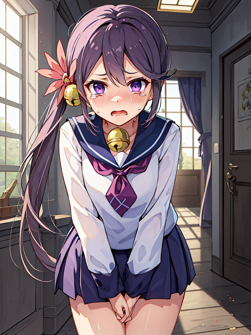 Akebono_Fleet Collection, purple_hair, length_hair, hair_ornament, ~ side_ponytail, purple_eye, flower, hair_flower, hair_Bell, Bell, Jingle_Bell, Seraphim, very_length_hair, School_uniform, separate, (Small breasts, Small body), (low length:1.2), One  , alone, looking at viewer
break 
(SFW:1.3), I want to pee, Place your hands between your legs, Leaning forward, trembling, 
break
(anger), (Are crying), (blush), (Open your mouth:1.3), wavy mouth
break
official art, finest masterpiece, Highest quality, Highest Resolution, 8K, Most detailed, Extremely elaborate hands, Highly detailed fingers, very detailed mouth, perfect anatomy
break
(door, workroom), Dust, Dust, Particles of light, very fine and detailed 16KCG wallpapers