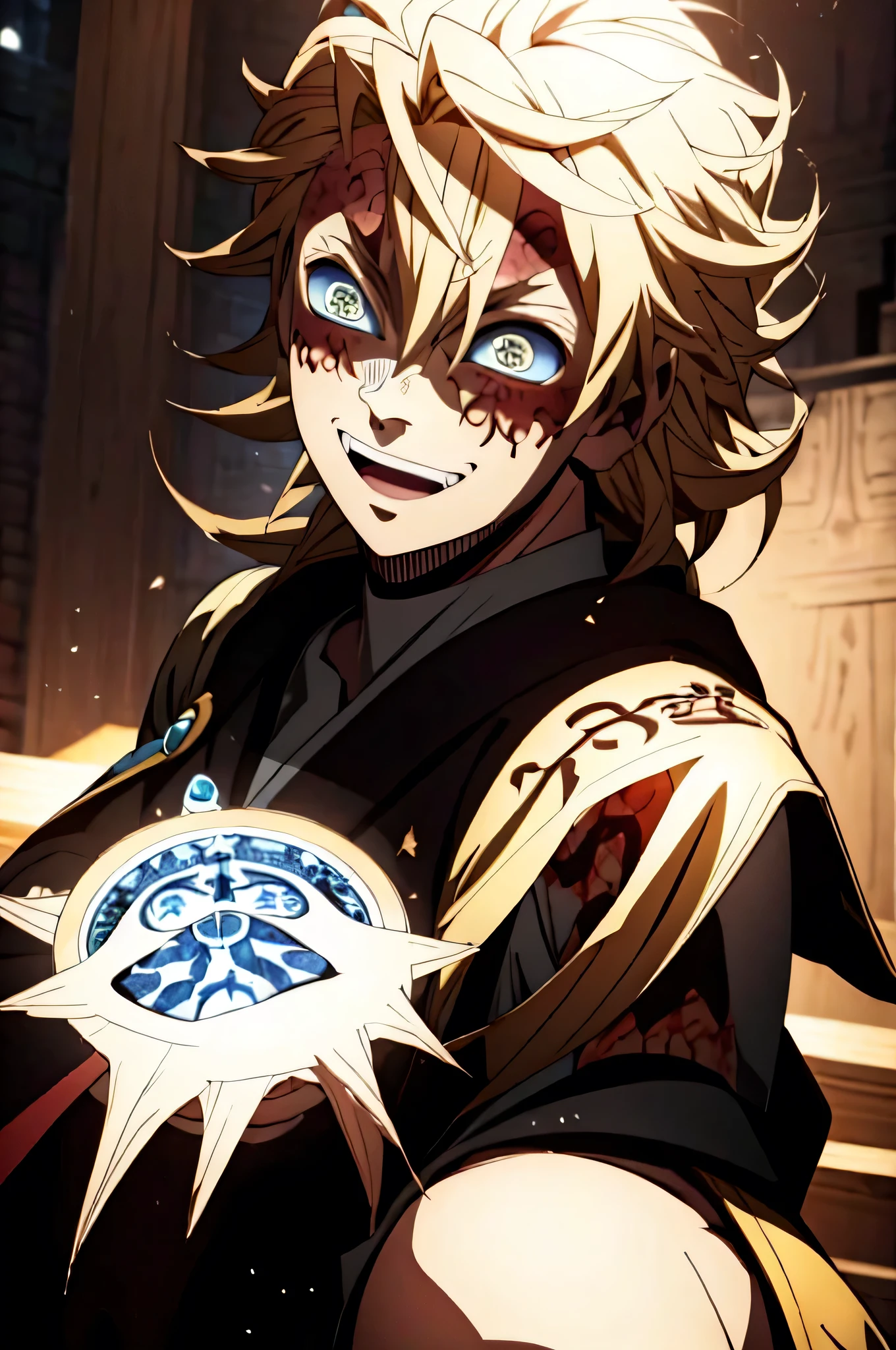 Realistic, (masterpiece, top quality, best quality, official art), very detailed, most detailed, long golden blonde hair, (glowing blue eyes), deepe blue iris eyes, white skin tone, like a vampire, mysterious, (magic), sexy man, demon, blood, oni, Kimetsu no Yaiba, eyes with upper moon number, anime Demon Slayer, japonese, red kimono, evil expression, blood power 