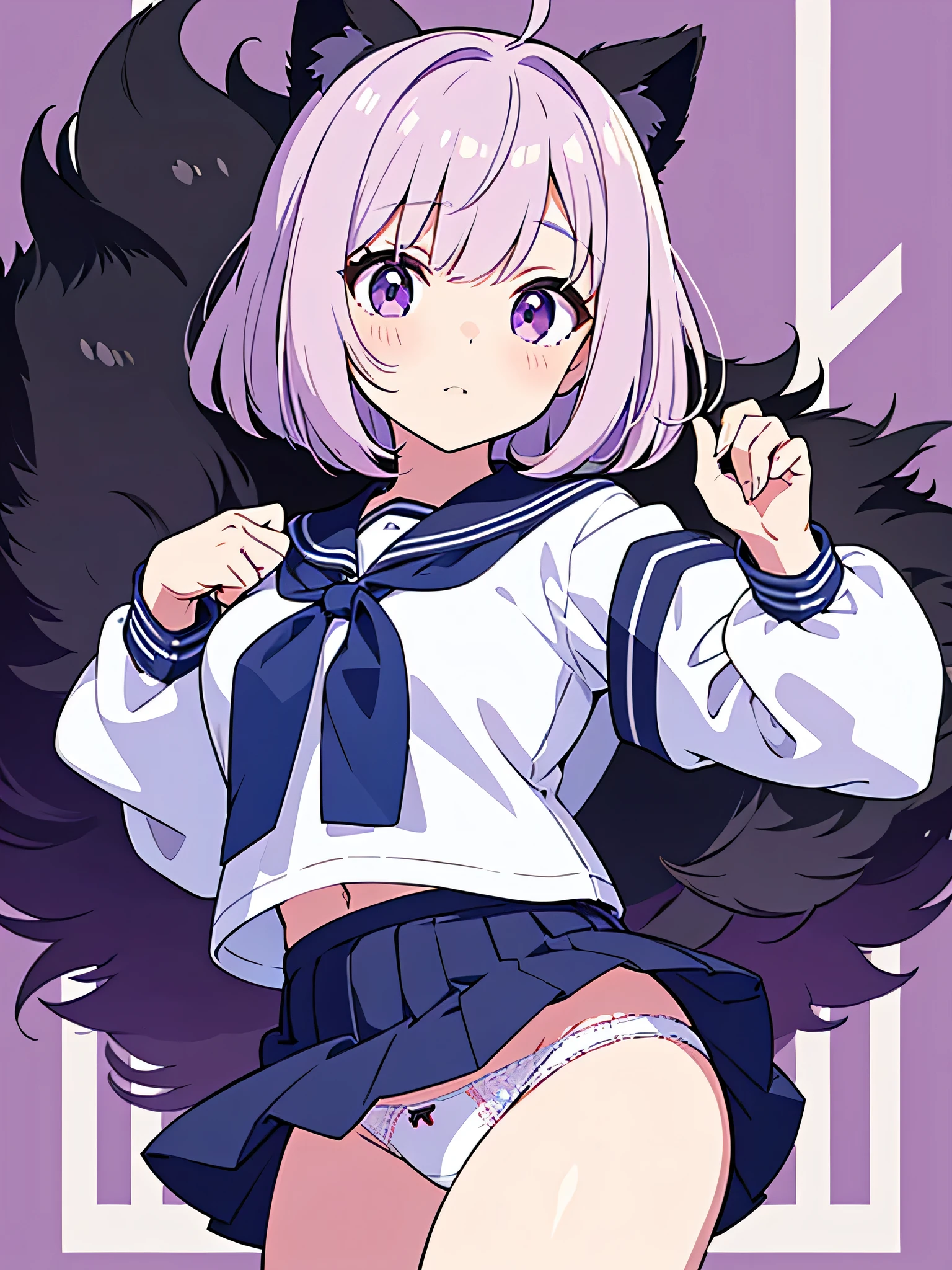 primary school girl, 8 years, A cup of breasts, black fur, wide, purple eyes (One Person) Smooth white upper body., short sleevesTshirt, navy blue mini skirt, white panties((I can see her panties)) white socks girl'room session ((I can see her panties)) Dynamic angle Low angle