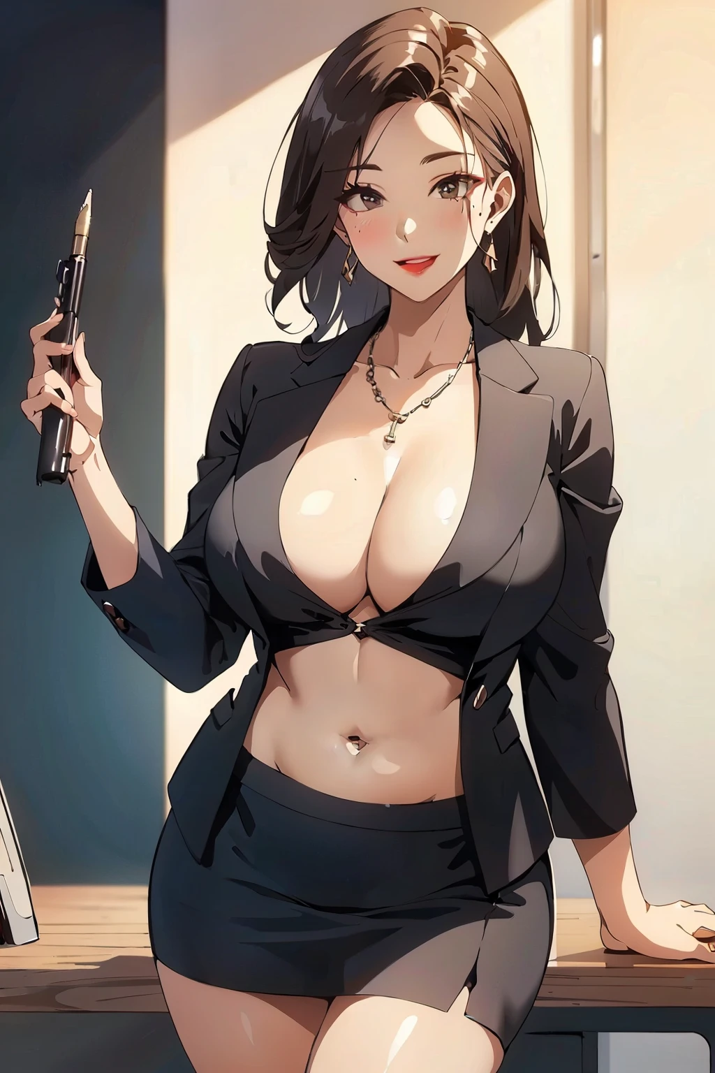 OVA_Liulijiang,mature female,brown hair,brown eyes,large breasts,mole on breast,Playful Smile,detailed_face, long hair,
blush, lipstick,,masterpiece, best quality, highly detailed,breasts,skirt,cleavage,long hair,skirt
suit,suit,formal,jewelry,necklace,micro pencil skirt,jacket,smile,makeup,looking at viewer,business suit,
lipstick,office lady,mature female,micro miniskirt,indoor,office,office lady ,smile, open mouth, (nsfw) not
safe for work, holding a gun, evil expression, exposed belly, exposed navel, exposed midriff, exposed
lower belly