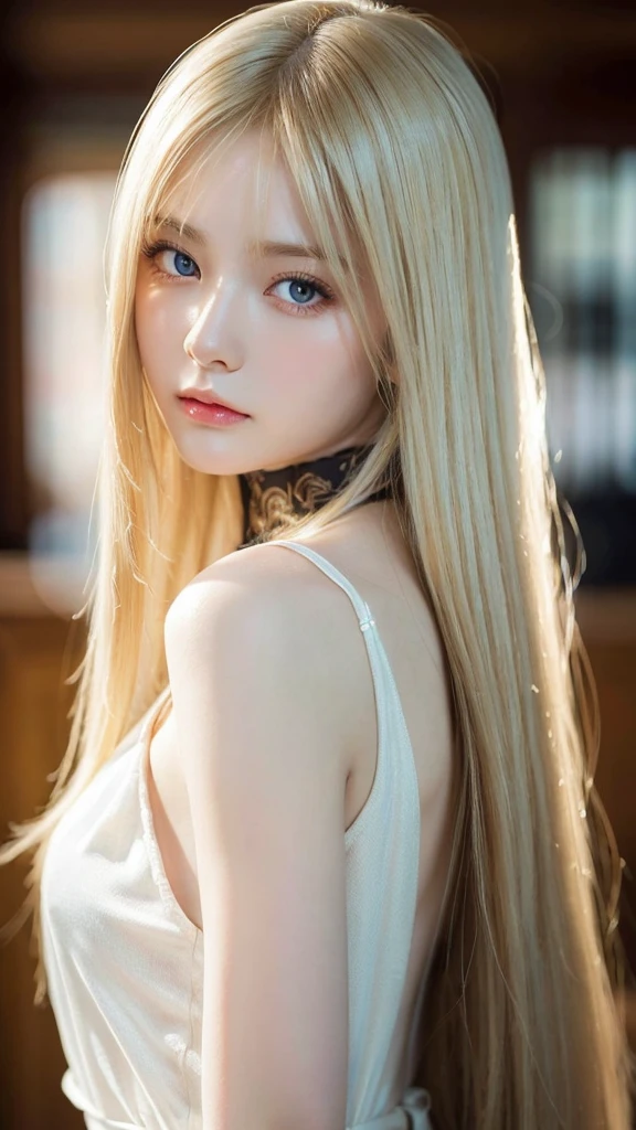 masterpiece, Highest quality, (Focus Only), (Perfect Face:1.1), (High detail:1.1), (Ultra-detailed eyes), dramatic, 1 person, (Pale skin), Long blonde hair, Focus on the individual, Long Hair, Pouting, 、Detailed Background, Art by artgerm, Photograph the whole body