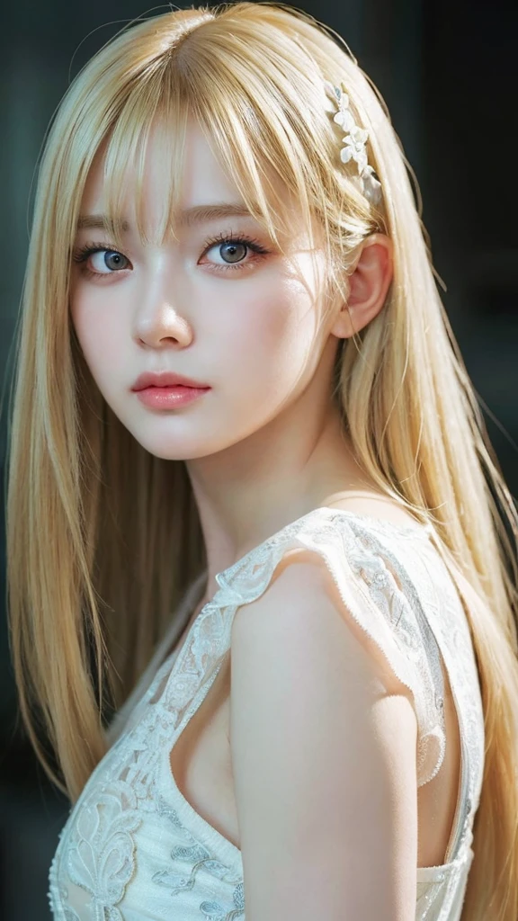 masterpiece, Highest quality, (Focus Only), (Perfect Face:1.1), (High detail:1.1), (Ultra-detailed eyes), dramatic, 1 person, (Pale skin), Long blonde hair, Focus on the individual, Long Hair, Pouting, 、Detailed Background, Art by artgerm, Photograph the whole body