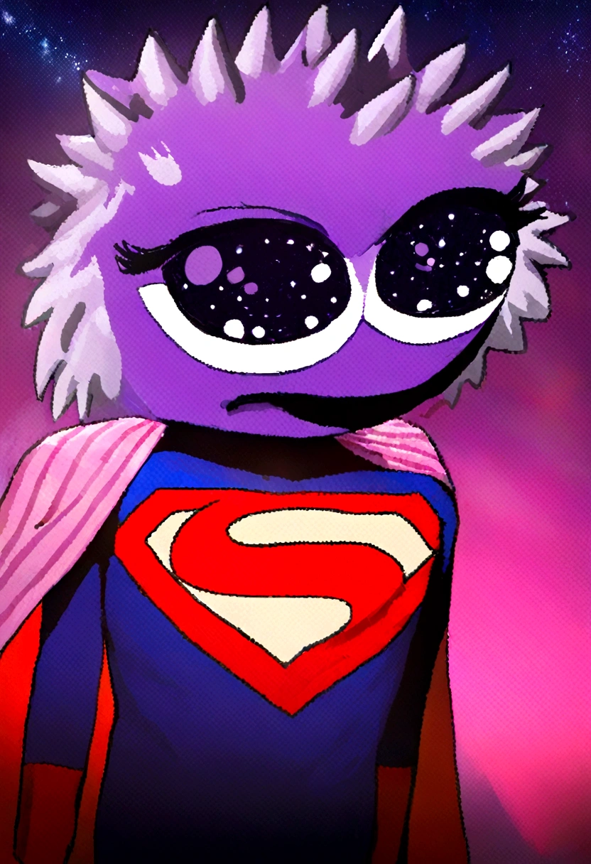portrait of purple super hero hedgehog pepe with purple skin,, wearing superman outfit with big H in middle , a starry night sky background, (((pepe_frog))),,detailed portrait, (best quality,8k,highres,masterpiece:1.2),ultra-detailed,digital painting,vibrant colors,dramatic lighting,fantasy,surreal, pepe the hedgehog with purple skin, hedgehog with big mucles, hedgehog, supe hero, superman, pepe the frog