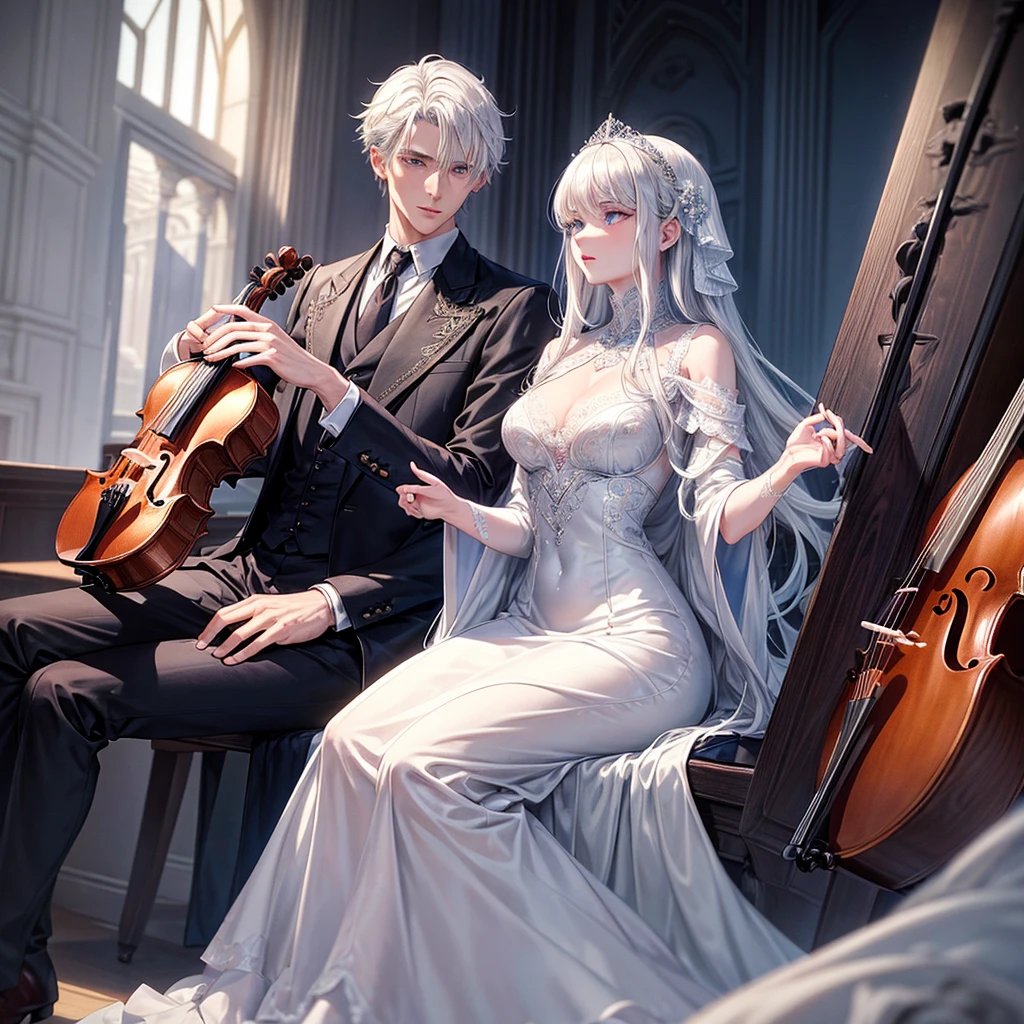 a handsome man with silver hair, blue eyes, White skin, Dress elegantly, With velvet cloaks and lace shirts playing the violin, while a beautiful woman sits watching him with hazel eyes, black hair, White skin, elegant blue silk dress