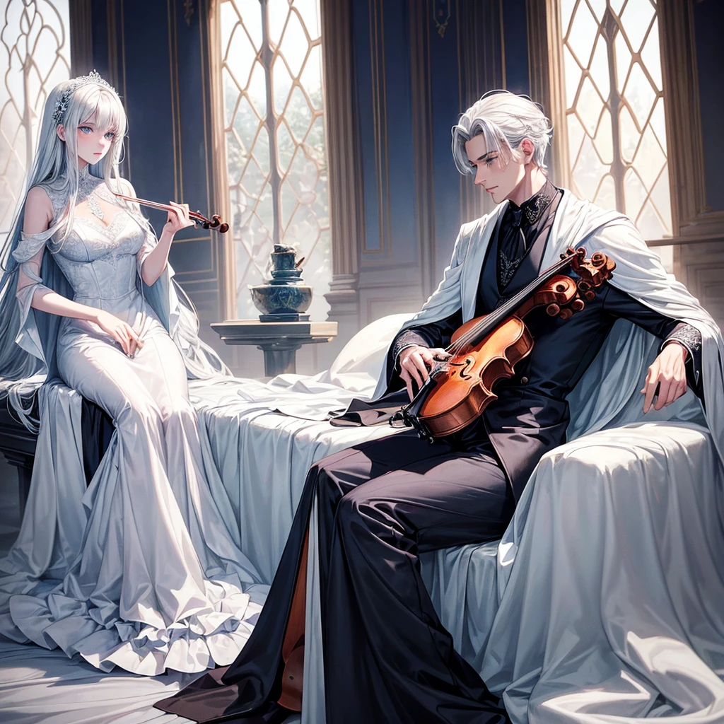 a handsome man with silver hair, blue eyes, White skin, Dress elegantly, With velvet cloaks and lace shirts playing the violin, while a beautiful woman sits watching him with hazel eyes, black hair, White skin, elegant blue silk dress