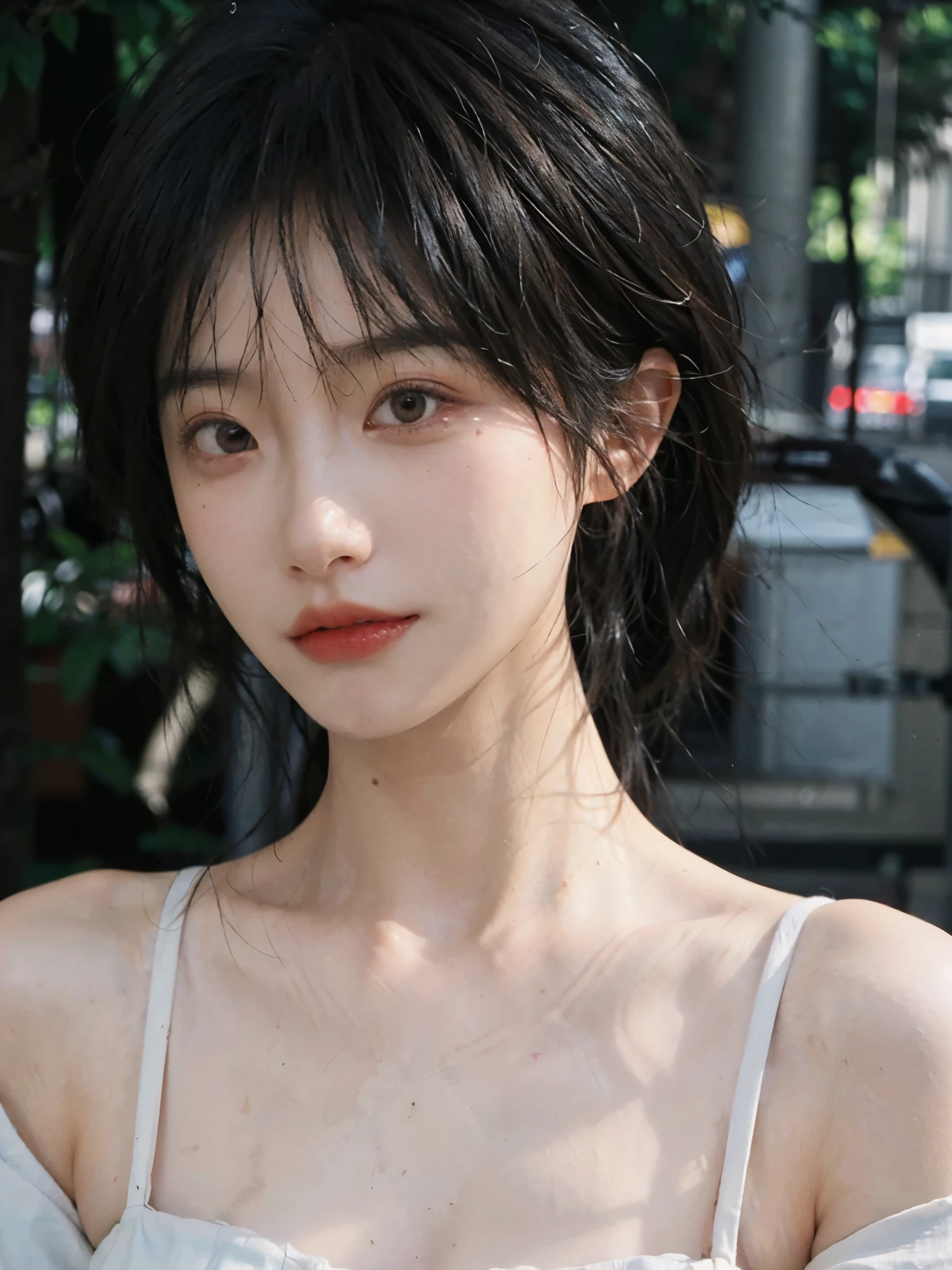 (smooth skin textures:1.3), Lipstick, Upper body，Upper Body，background, earrings, serene, calm, （Dress conservatively：1.6），(Realistic and detailed eyes：1.2）, Natural skin texture, Realistic facial details, Soft dramatic lighting, Vivid details, outdoor, (Photo Practical:1.4), (hyper Practical:1.4), (Practical:1.3),  (Improve lighting quality:0.9), (Highest quality real skin textures:1.4),  (Enhance the beauty of skin texture:1.1), Hair details, model， short hair, Moles under the eyes, Portrait Photography, Depth of Field, Bokeh, Surrealism, Ray Tracing, (Portrait Photography:1.1), Surrealism, High Detail, Chiaroscuro, Ray Tracing, reflected light, Ultra HD, Ultra HD, masterpiece, Textured Skin, Super Detail, High Detail, high quality, best quality