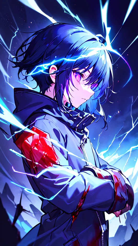 [(BLACK BACKGROUND:1.5),::5], ((((masterpiece)))), high quality, ultra very high resolution, full color, (((solo))), (()), black hair, ((blue colored inner hair)), ((purple eyes)), anime, ((upper body)), despair, face in profile, neon light, black parka, (lightning effect:1.2), (Blood effect:1.5)