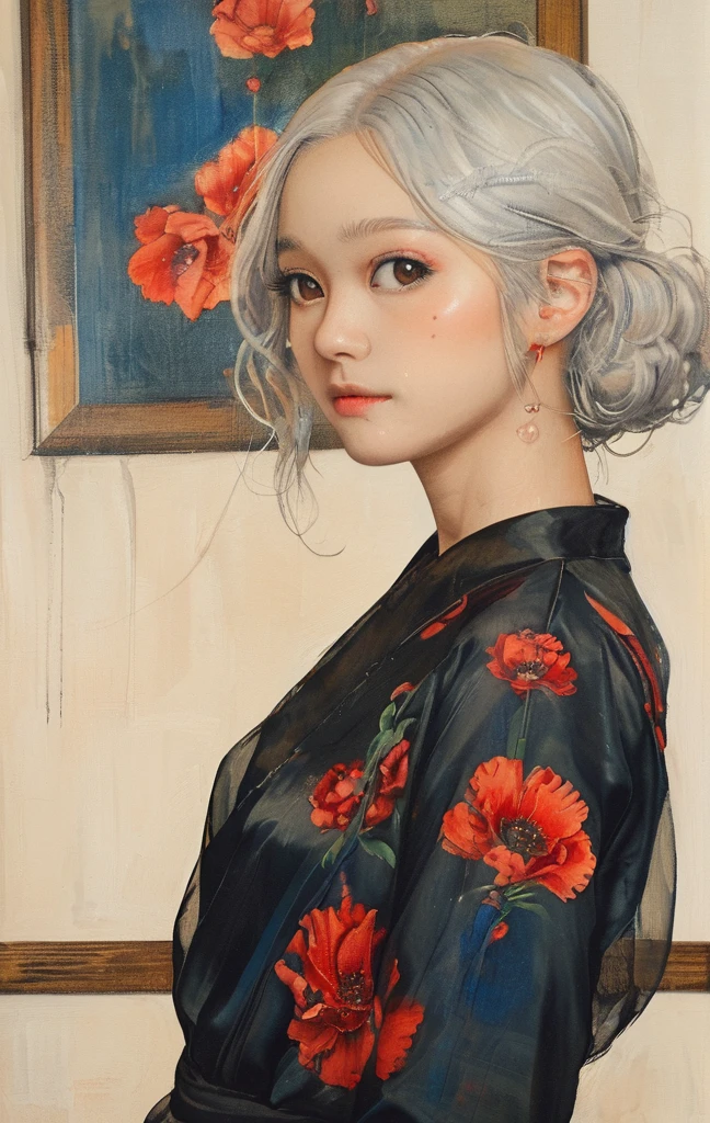 On a bright red campus"YES"Character、((Create), (top quality, masterpiece, outstanding work of art), (one young girl - 18 years old, nude, full growth, white hair, white skin, scarlet lips-smile; black, expressive playful eyes, long eyelashes), (black translucent - chiffon dress, gold line, very short peignoir dress), (very sexy body, seductive body, small beautiful breasts, genitals), (calm relaxed pose, hair fluttering in the wind, half turn, look at the viewer, stylish girl model)). ((Quality oil painting, outstanding craftsmanship, oil painting done by the hand of a master), (daylight, soft warm shadows, contrasting cold light, reflexes, refraction, tracing)). ((background - stunning blooming irises; (purple, yellow, blue, white), (petals, shoots)).((Highest quality workmanship, realism, oil painting, modern brushwork, master's hand, clear correct anatomy, grace, simplicity performance), (HD quality, clear focus)).