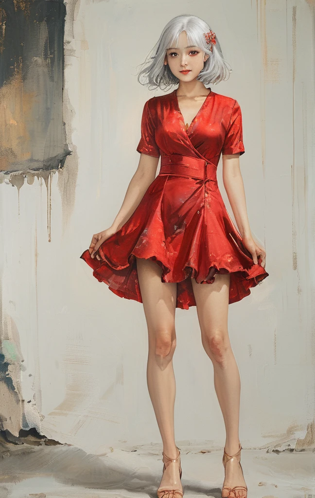 On a bright red campus"YES"Character、((Create), (top quality, masterpiece, outstanding work of art), (one young girl - 18 years old, nude, full growth, white hair, white skin, scarlet lips-smile; black, expressive playful eyes, long eyelashes), (black translucent - chiffon dress, gold line, very short peignoir dress), (very sexy body, seductive body, small beautiful breasts, genitals), (calm relaxed pose, hair fluttering in the wind, half turn, look at the viewer, stylish girl model)). ((Quality oil painting, outstanding craftsmanship, oil painting done by the hand of a master), (daylight, soft warm shadows, contrasting cold light, reflexes, refraction, tracing)). ((background - stunning blooming irises; (purple, yellow, blue, white), (petals, shoots)).((Highest quality workmanship, realism, oil painting, modern brushwork, master's hand, clear correct ???????, grace, simplicity performance), (HD quality, clear focus)).