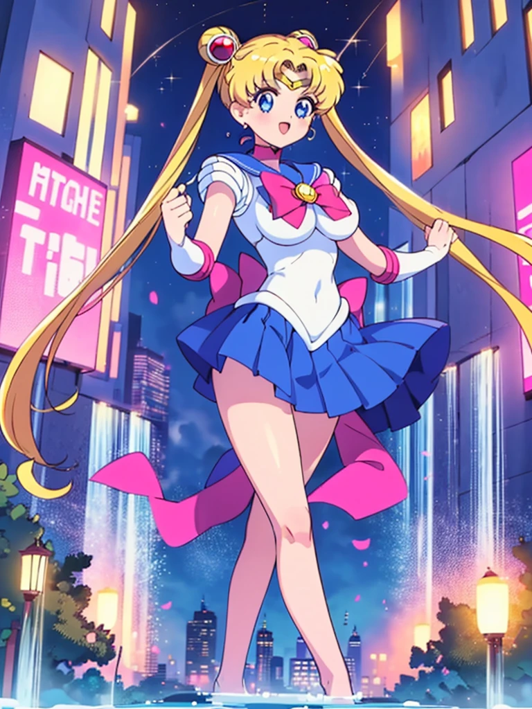 (High quality, 32k anime ultra HD, 1980s /(style/), retro art style, highly detailed, perfect anatomy), ((sailor moon, Tsukino Usagi)), 1 girl, solo, (blonde hair, short hair, pigtails, center parted bangs, hair blowing in the wind), (blue eyes, beautiful, super detailed), slightly open mouth, smiling, cowboy shot, (big boobs:1.3, firm chest, beautiful breasts), thin waist: 1.0, wide hips 1.2, big ass: 1.2, (dancing, fluttering, in the air, legs spread, in front of fountain), looking at viewer, (park background, night, big fountain, lighted street lamp, lamplight), (front view, from below), core_9_up, score_8_up, score_7_up, score_6_up,