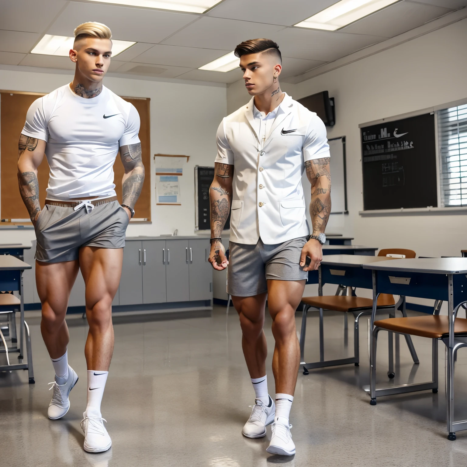 full view full body, in classroom, one white over-muscular heavily tattooed and pierced bodybuilded young student with light-brown undercut haircut, grey running shorts, white socks and Nike sneakers being whipped by another white angry skinny student with blonde undercut haircut and preppy outfit, blazer, white shirt, bermuda shorts, long white socks and classic loafers