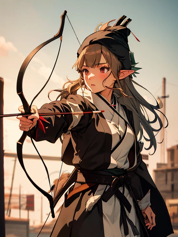 hunter, Kyudo, Kyudo, (Shooter), Archer, (masterpiece), highest quality, Elf, 1girl, uhd, retina, masterpiece, ccurate, anatomically correct, textured skin, super detail, high details, high quality, best quality, highres, 4K