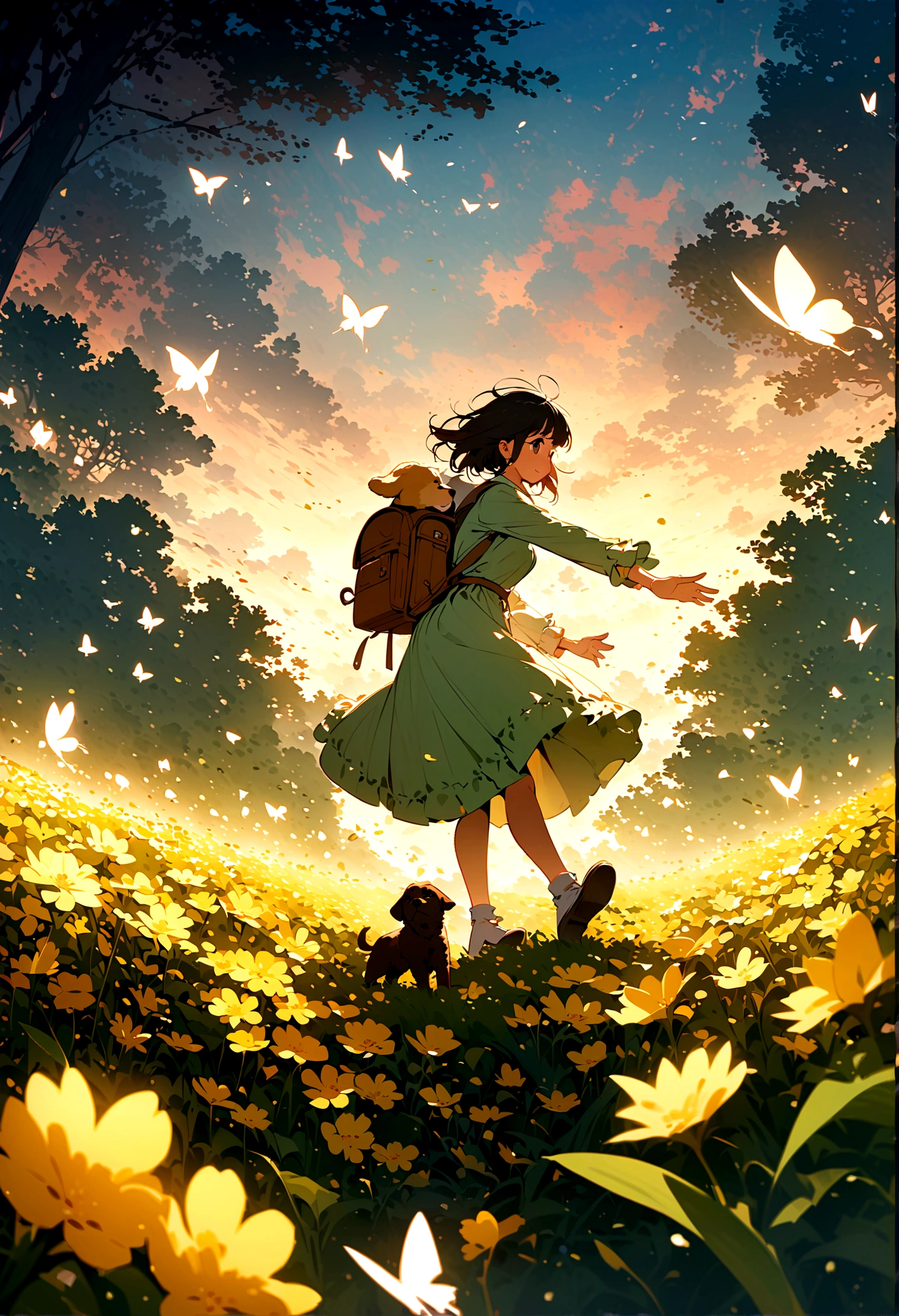 Very attractive with a backpack, Take an adorable puppy, Enjoy a lovely spring outing surrounded by beautiful yellow flowers and natural scenery. The illustrations are in high resolution with 4K resolution., Highly detailed facial features and cartoon-style visuals, (Butterfly Dance)