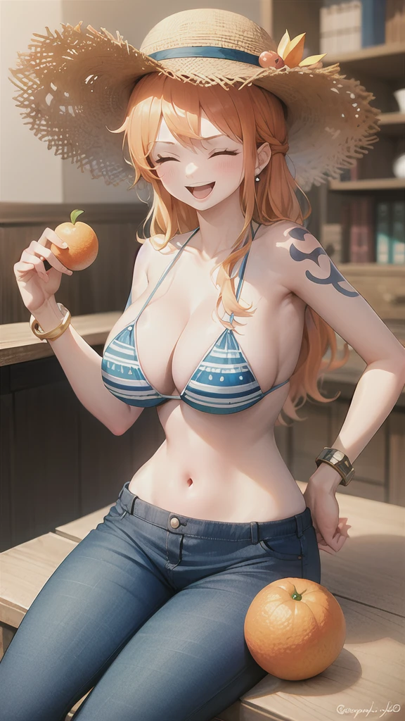 (bestquality,masterpiece) ,NamiOP, jewelry, smile, cleavage, earrings, swimsuit, bikini, open_mouth, bracelet, navel, collarbone, bikini_top_only, denim, pants, jeans, :d, groin, holding, closed_eyes, sitting, stomach, blue_pants, blurry_background, hat, solo_focus, blurry, food, fruit, orange_\(fruit\), holding_food, holding_fruit, mandarin_orange, straw_hat,