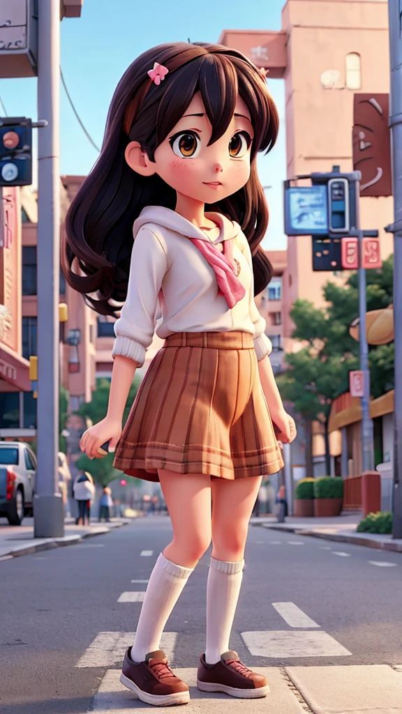 Anime girl peeing in public street in front of the screen 