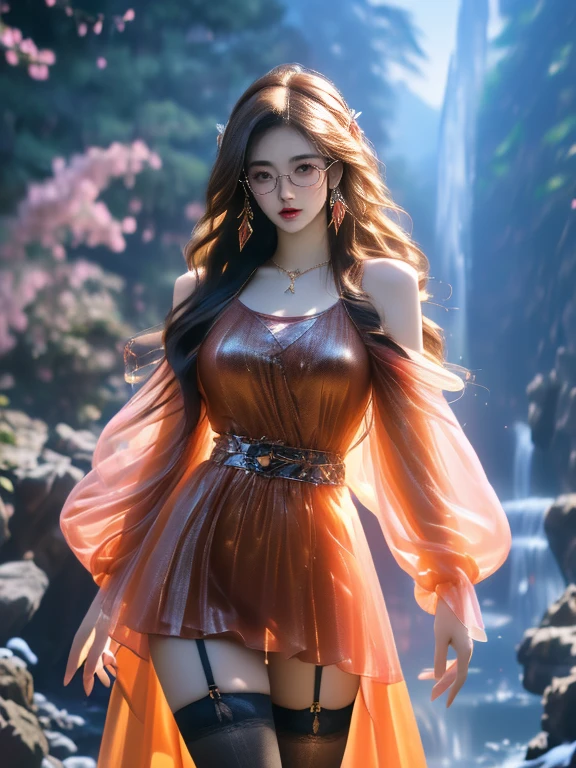 An Asian Chinese female model, Night rainy waterfall background, (8K Ultra HD, Digital SLR Camera, Soft Light, high quality, Volumetric Lighting, frank, photo, high resolution, 4K, 8K, Bokeh), (Create stunning images of real girls, warm light, Dynamic poses, Elegant Posture, Cowboy lens, Full body front view, From the front，Be confident, Front of the body facing the camera, Standing posture facing the camera, Open your legs slightly, Golden Ratio Graphics, Minimalism), (Show a charming smile, Willow Leaf Eyebrows, big eyes, Apricot eye prick, Cherry Blossom, Balanced Eyes, Oval face, Pretty Face, Normal facial features, Skin is transparent and visible, Thin skin and tender meat, cosmetic, (Glasses), earrings, bracelet, necklace, Jewelry, veil, Hair accessories), (Brown hair, Wavy curly hairstyle, Waist-length hair, Messy Hairstyle, Gradient hairstyles, Cyberpunk hairstyle), (Transparent clothes：1.5, Orange clothes, Thin clothes, Transparent mesh clothes, Transparent clothes, Transparent silk hanfu,Ultra-fine three-point underwear), (Sexy, Perfect breast shape, Teardrop-shaped chest shape, Snow-white breasts, very detailed breasts, 34E cup), (Super high waist clothes, Waist hollow, Levain), (Black socks, Clear knee-length socks, 吊garter, Leg ring, garter, 腿部garter)