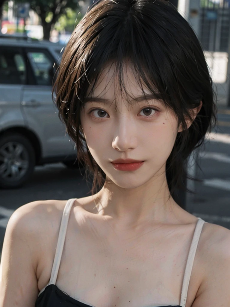 (smooth skin textures:1.3), Lipstick, (Upper body:1.3),(Upper Body:1.3),background, earrings, serene, calm, (Dress conservatively:1.6),(Realistic and detailed eyes:1.2), Natural skin texture, Realistic facial details, Soft dramatic lighting, Vivid details, outdoor, (Photo Practical:1.4), (hyper Practical:1.4), (Practical:1.3), (Improve lighting quality:0.9), (Highest quality real skin textures:1.4), (Enhance the beauty of skin texture:1.1), Hair details, model, short hair, Moles under the eyes, Portrait Photography, Depth of Field, Bokeh, Surrealism, Ray Tracing, (Portrait Photography:1.1), Surrealism, High Detail, Chiaroscuro, Ray Tracing, reflected light, Ultra HD, Ultra HD, masterpiece, Textured Skin, Super Detail, High Detail, high quality, best quality