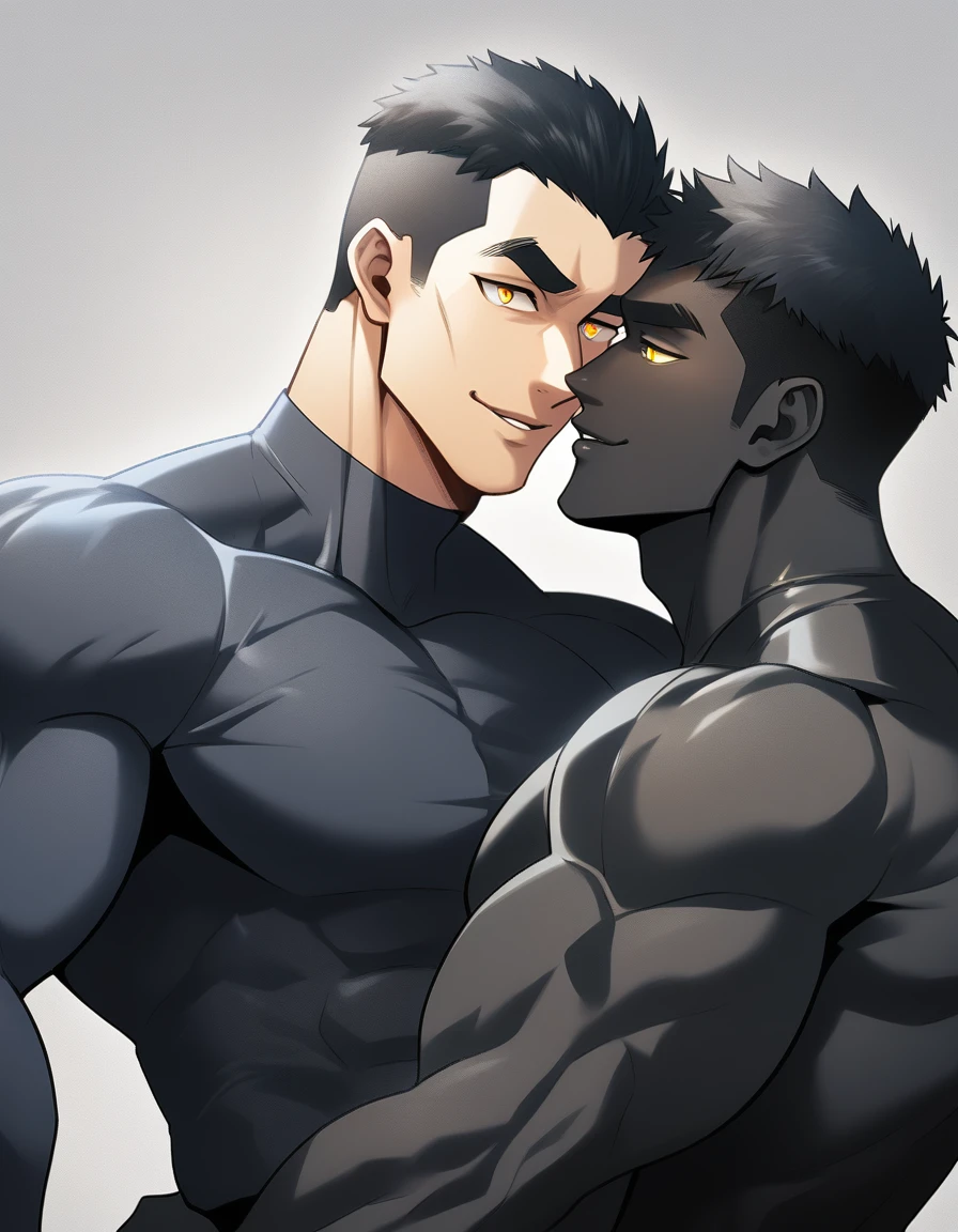 anime characters：Two superheroes in tights, Muscle superhero, negro black skin, They hugged and kissed each other, Bite your neck, Caress, Manliness, male focus, Yellow and black high collar long sleeve tight T-shirt, Slightly transparent material, Matte texture, Matte texture highlights, Very tight, Round, full and perky chest muscles, Muscle waist, Slightly transparent, muscular male, muscular, only, Upper body, alone, Black short hair, Thick eyebrows, stubble, Yellow eyes, Grey background, simple background, amazing quality, best aesthetics, Ridiculous, bright pupils, crew cut, parted lips, seductive smile, torogao, naughty face, drop shadow, best quality