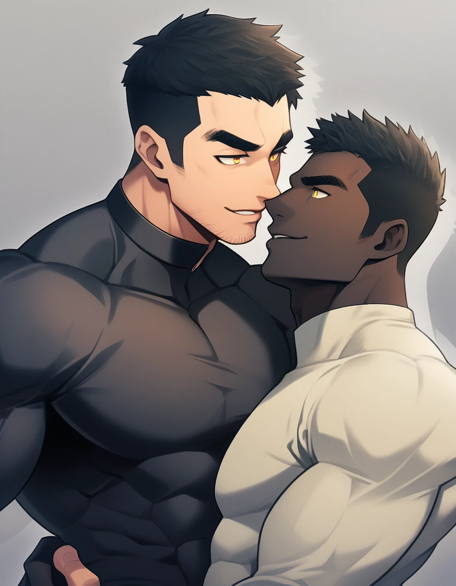 anime characters:Two superheroes in tights, Muscle superhero, negro black skin, They hugged and kissed each other, Bite your neck, Caress, Manliness, male focus, Yellow and black high collar long sleeve tight T-shirt, Slightly transparent material, Matte texture, Matte texture highlights, Very tight, Round, full and perky chest muscles, Muscle waist, Slightly transparent, muscular male, muscular, only, Upper body, alone, Black short hair, Thick eyebrows, stubble, Yellow eyes, Grey background, simple background, amazing quality, best aesthetics, Ridiculous, bright pupils, crew cut, parted lips, seductive smile, torogao, naughty face, drop shadow, best quality