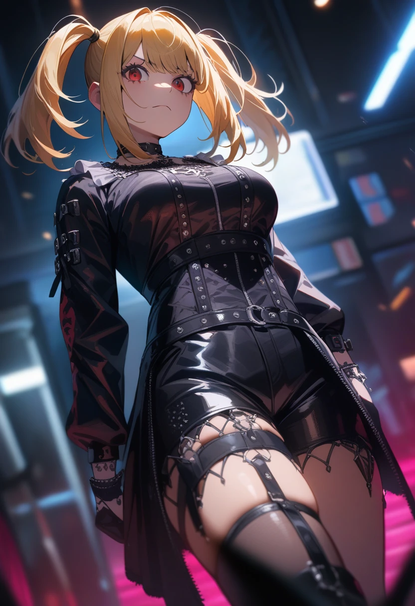 1girl,solo,amane misa, death note,super detailed skin,shiny skin,serious face,blonde hair,sidelocks,short twintails,long hair,medium breasts,Punk Lolita,cyberpunk lolita,gothic short pants,2D,anime,dynamic angle,indoor,masterpiece,best quality,ultra detailed,high resolution,sharp focus,depth of field,