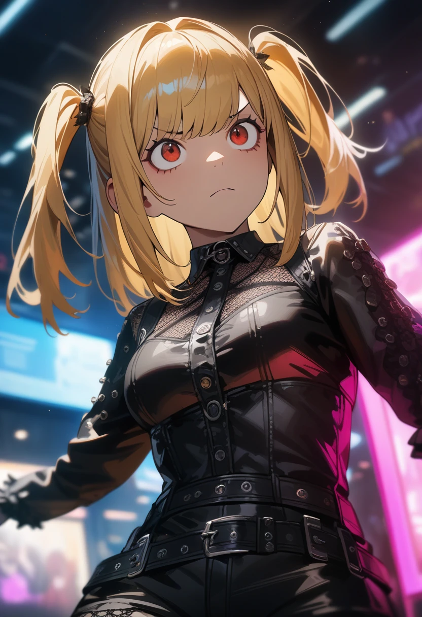 1girl,solo,amane misa, death note,super detailed skin,shiny skin,serious face,blonde hair,sidelocks,short twintails,long hair,medium breasts,Punk Lolita,cyberpunk lolita,gothic short pants,2D,anime,dynamic angle,indoor,masterpiece,best quality,ultra detailed,high resolution,sharp focus,depth of field,