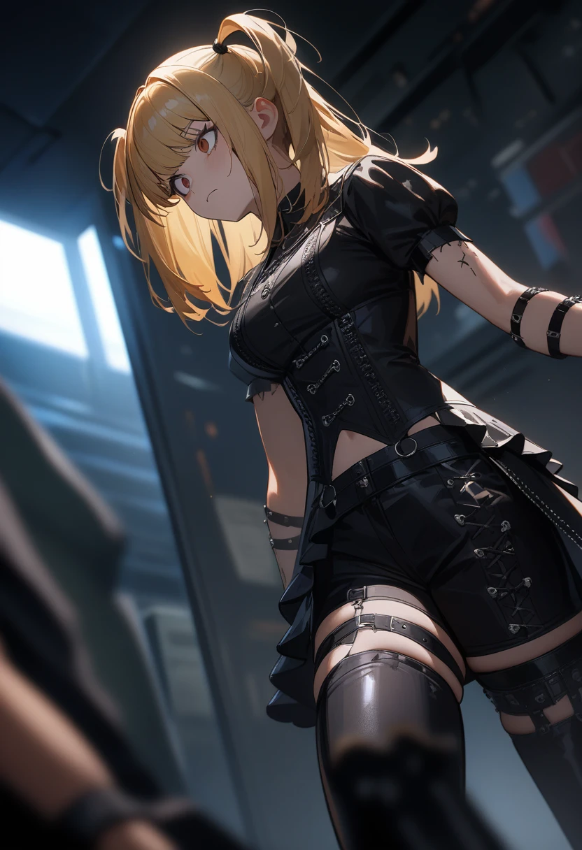 1girl,solo,amane misa, death note,super detailed skin,shiny skin,serious face,blonde hair,sidelocks,short twintails,long hair,medium breasts,Punk ta,cyberpunk loliothic short pants,2D,anime,dynamic angle,indoor,masterpiece,best quality,ultra detailed,high resolution,sharp focus,depth of field,