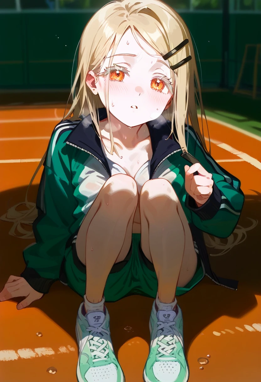 nsfw,best quality, masterpiece, uncensored, BEARK, hiro-gym,shinosawa hiro,slender,orange eyes,white eyelashes,blonde hair,long hair,hairclip,track jacket,green shorts,(open clothes),(down shorts),white sneakers, many sweat on head, heavy breathing, head focus, transparent sneakers, open shirt,