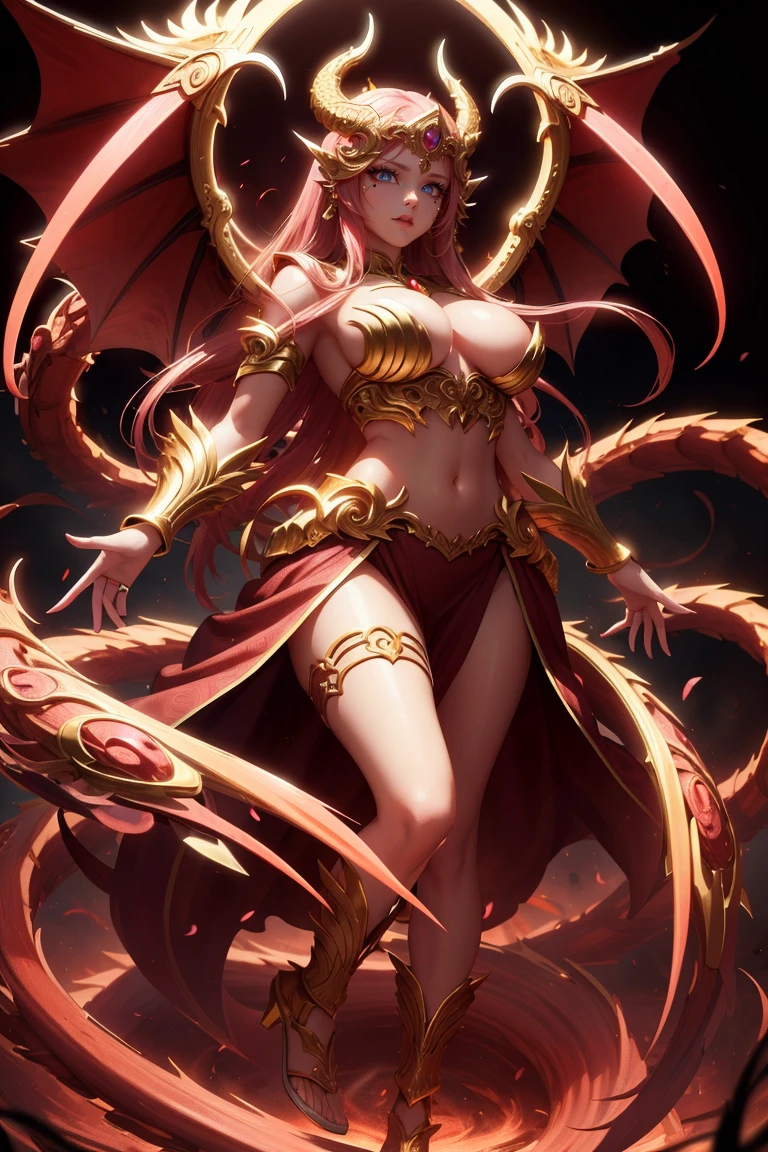 golden dragon goddess with wings, perfect hands, golden shine, fictional figure body hands on waist