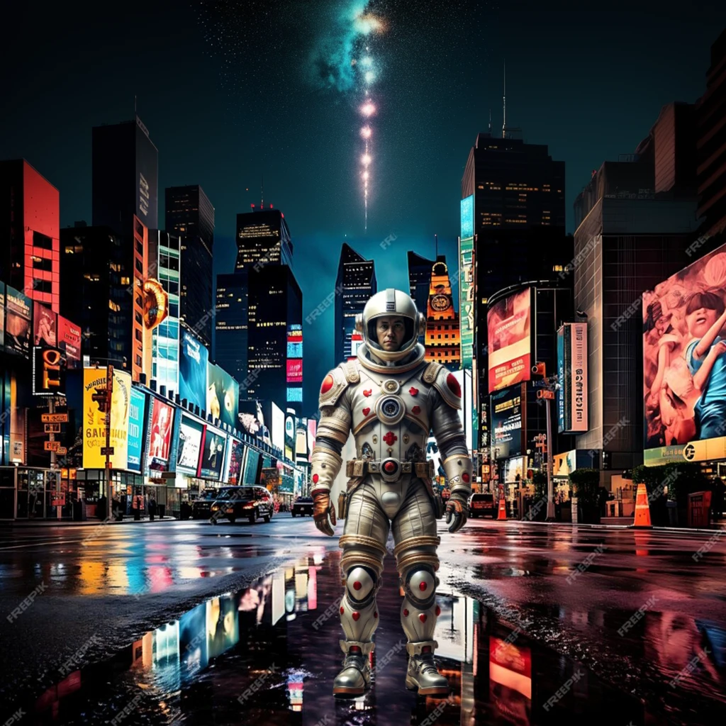 A man in a space suit walking down a wet road, SCI - FI Scene Future New York, Sci-Fi Suit, science fiction space suit, futuristic astronaut, interstellar space suit, Post-apocalyptic Times Square, astronaut cyberpunk electricity, LED detailed spacesuit, Silver space suit, Futuristic space suit, Gladiator in a spacesuit, Standing in Time Square, Sci-Fi Suit