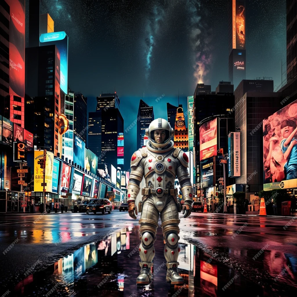 A man in a space suit walking down a wet road, SCI - FI Scene Future New York, Sci-Fi Suit, science fiction space suit, futuristic astronaut, interstellar space suit, Post-apocalyptic Times Square, astronaut cyberpunk electricity, LED detailed spacesuit, Silver space suit, Futuristic space suit, Gladiator in a spacesuit, Standing in Time Square, Sci-Fi Suit