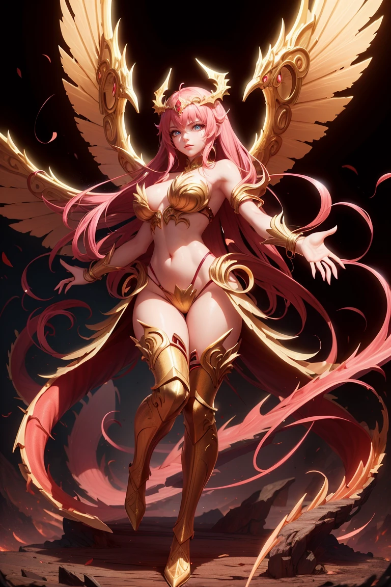 golden dragon goddess with wings, perfect hands, golden shine, fictional figure body hands on waist