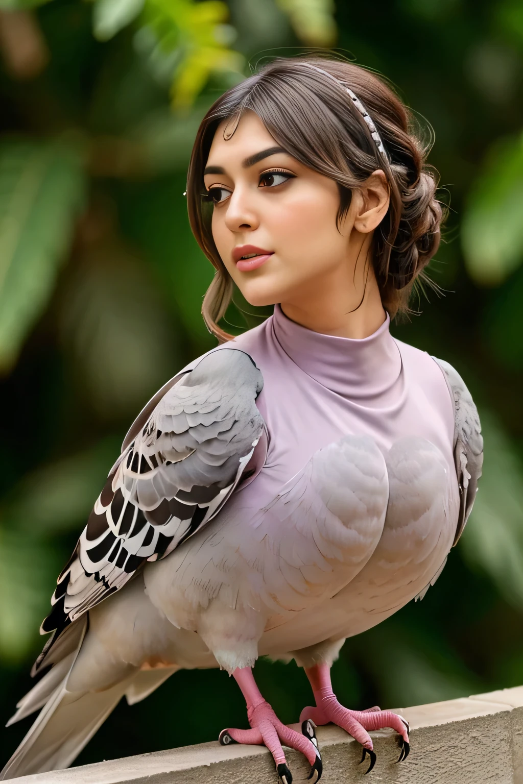 Hansika Motwani is a pigeon bird, She is a bird but her head looks like girl, from neck to full body looks like pigeon bird. Pigeon legs, pigeon wings. Bird body, pigeon body, perfect picture, perfect bird, real bird, Real head replace with real pigeon head. Exact Bird.