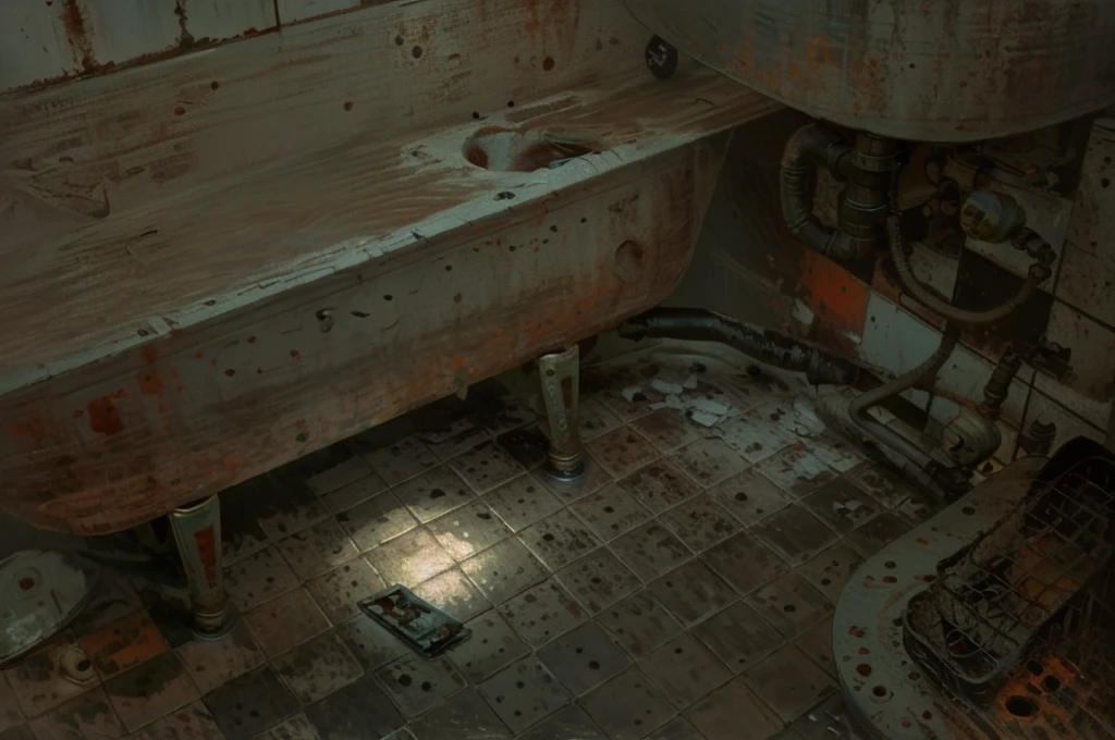 bathroom in Soviet flat, telephone fell on the floor, rusty pipes, toilet and sink old and dirty, desolation, dreary hopeless atmosphere, visible brush strokes, Digital painting in the style of Stefan Koidl, domestic horror, eerie frightening atmosphere, in the style of Rozalski, Bekinski, Jablonski, Stefan Koidl, Andrei Kuzinski,