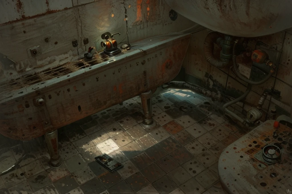 bathroom in Soviet flat, telephone fell on the floor, rusty pipes, toilet and sink old and dirty, desolation, dreary hopeless atmosphere, visible brush strokes, Digital painting in the style of Stefan Koidl, domestic horror, eerie frightening atmosphere, in the style of Rozalski, Bekinski, Jablonski, Stefan Koidl, Andrei Kuzinski,