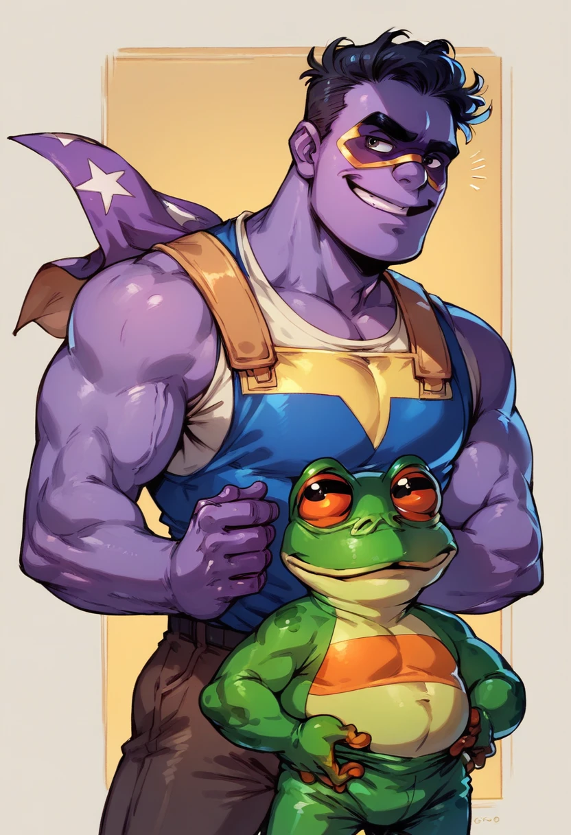 Hero Pepe with purple skin, wearing hero clothes, standing beside a purple flag that written “Monad” on it, (((pepe_frog))), 1 boy