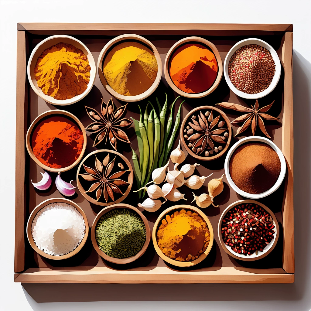 masterpiece)), ((best quality:1.2)), ((watercolor)), ((vibrant color))), ((minimalist)), surrounded with ((negative space)), ((solid white background)), a wooden tray full of a lot of spices in many different type of container and small jar, cooking spices, turmeric, galangal, red chilies, green chilies, shallots, coriander, lemongrass, cloves, tamarind, garlic, whole grains, green beans, ginger, salt,,((no Clipping)), ((no shadow clipping)), ((no object clipping)), (((solid white background))), very subtle shadow, (perspective view),