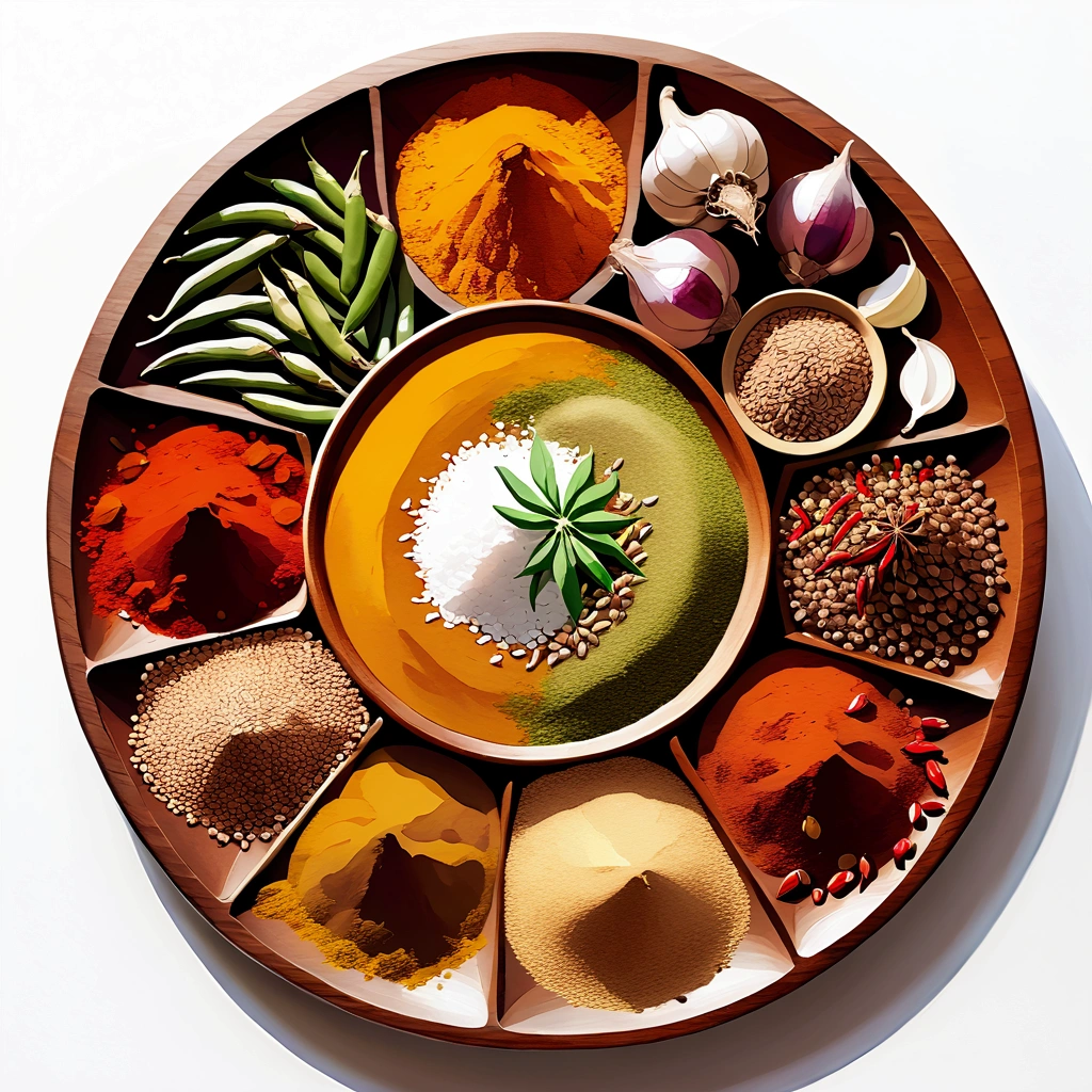 masterpiece)), ((best quality:1.2)), ((watercolor)), ((vibrant color))), ((minimalist)), surrounded with ((negative space)), ((solid white background)), a wooden tray full of a lot of spices in many different type of container and small jar, cooking spices, turmeric, galangal, red chilies, green chilies, shallots, coriander, lemongrass, cloves, tamarind, garlic, whole grains, green beans, ginger, salt,,((no Clipping)), ((no shadow clipping)), ((no object clipping)), (((solid white background))), very subtle shadow, (perspective view),