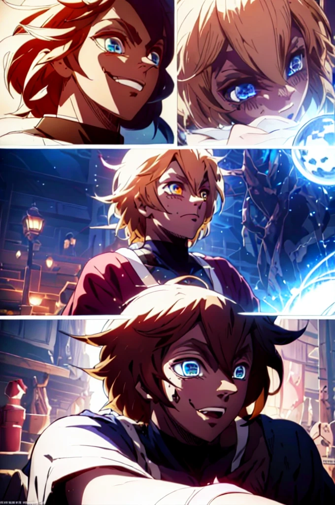 Realistic, (masterpiece, top quality, best quality, official art), very detailed, most detailed, long golden blond hair, (glowing blue eyes), deepe blue iris eyes, white skin tone, like a vampire, mysterious, (magic), sexy man, demon, blood, oni, Kimetsu no Yaiba, eyes with upper moon number, anime Demon Slayer, japonese, red kimono, evil expression, blood power 