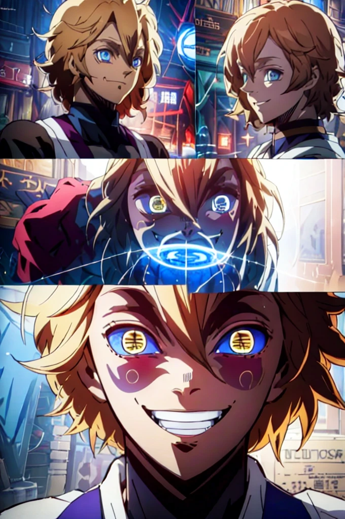 Realistic, (masterpiece, top quality, best quality, official art), very detailed, most detailed, long golden blond hair, (glowing blue eyes), deepe blue iris eyes, white skin tone, like a vampire, mysterious, (magic), sexy man, demon, blood, oni, Kimetsu no Yaiba, eyes with upper moon number, anime Demon Slayer, japonese, red kimono, evil expression, blood power 