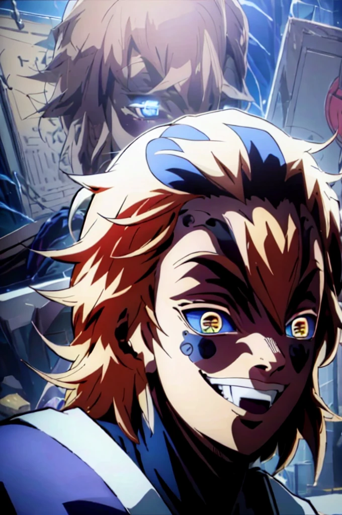 Realistic, (masterpiece, top quality, best quality, official art), very detailed, most detailed, long golden blond hair, (glowing blue eyes), deepe blue iris eyes, white skin tone, like a vampire, mysterious, (magic), sexy man, demon, blood, oni, Kimetsu no Yaiba, eyes with upper moon number, anime Demon Slayer, japonese, red kimono, evil expression, blood power
