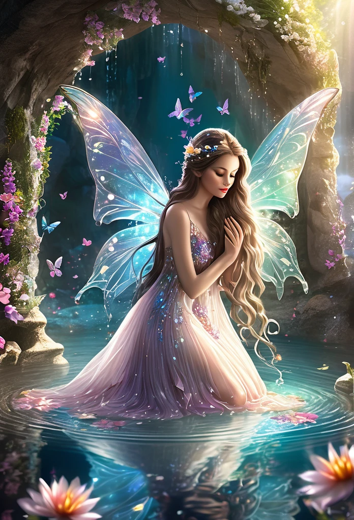 fairy,in a grotto ,gracefully kneeling looking her reflex in the water,clear cristal water, sparkling flowers,translucent wings,hair and dress adorned with flowers,long hair,cascade of butterflies ,magic background,high quality,art concept ,refined details