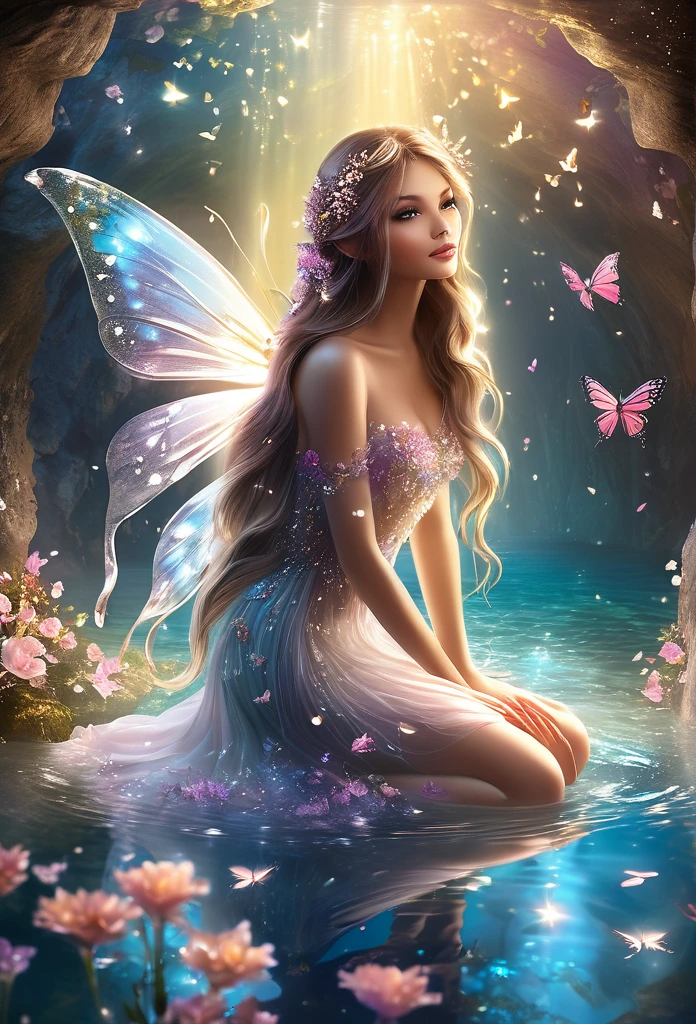 fairy,in a grotto ,gracefully kneeling looking her reflex in the water,clear cristal water, sparkling flowers,translucent wings,hair and dress adorned with flowers,long hair,cascade of butterflies ,magic background,high quality,art concept ,refined details 